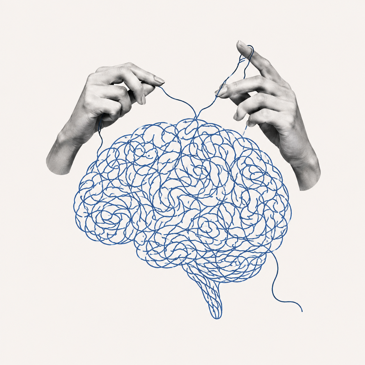 Two hands patiently untangling a knot of blue thread shaped like a brain