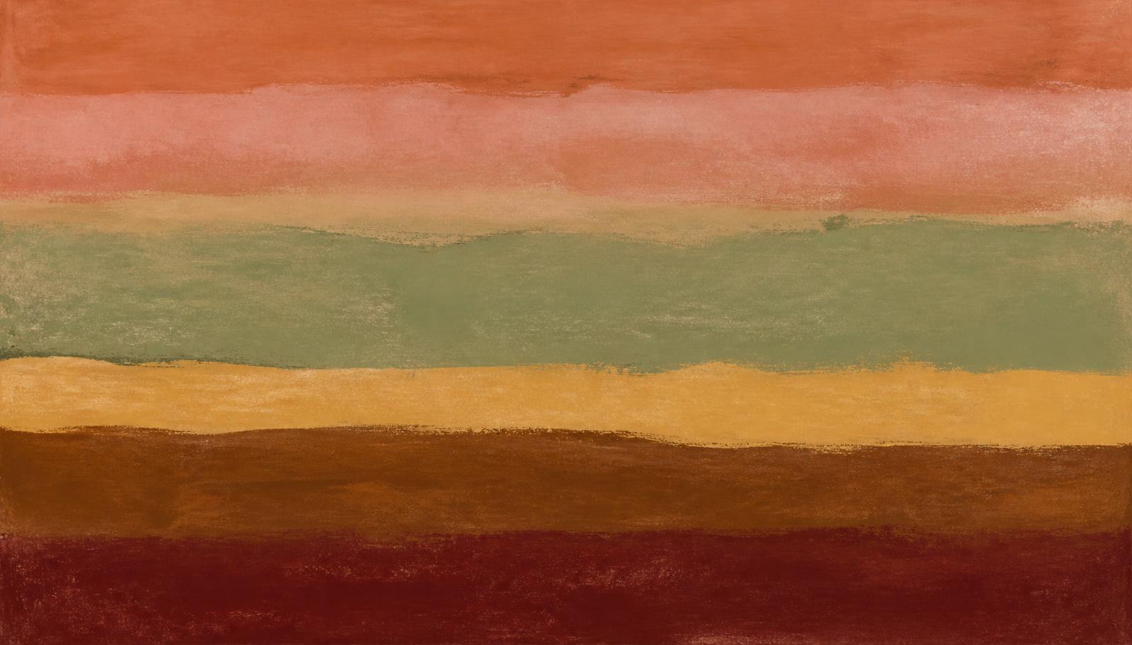 Abstract painted bands of terracotta, rose, sage, butter yellow, umber and maroon layered like sediment